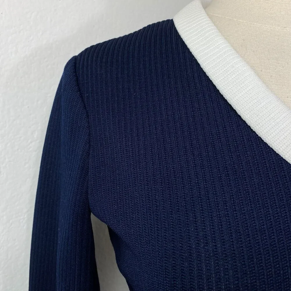 Vintage 70s Navy Blue Ribbed Knit Maxi Dress White Trim Med Dark Academia Boho